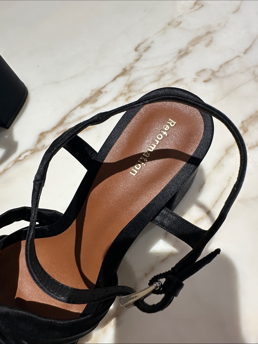 Reformation Black Knotted Satin Block Heel Sandals - Picture 2 of 6